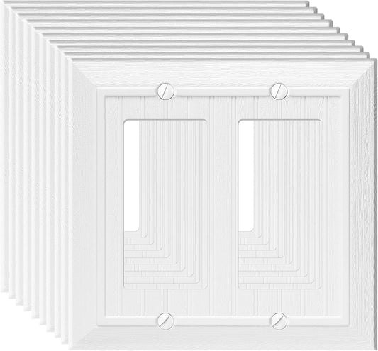Modern Decorative Wall Plate Switch Plate Outlet Cover, Vintage Retro Wood Grain Design (Double Decorator-10 Pack, White)