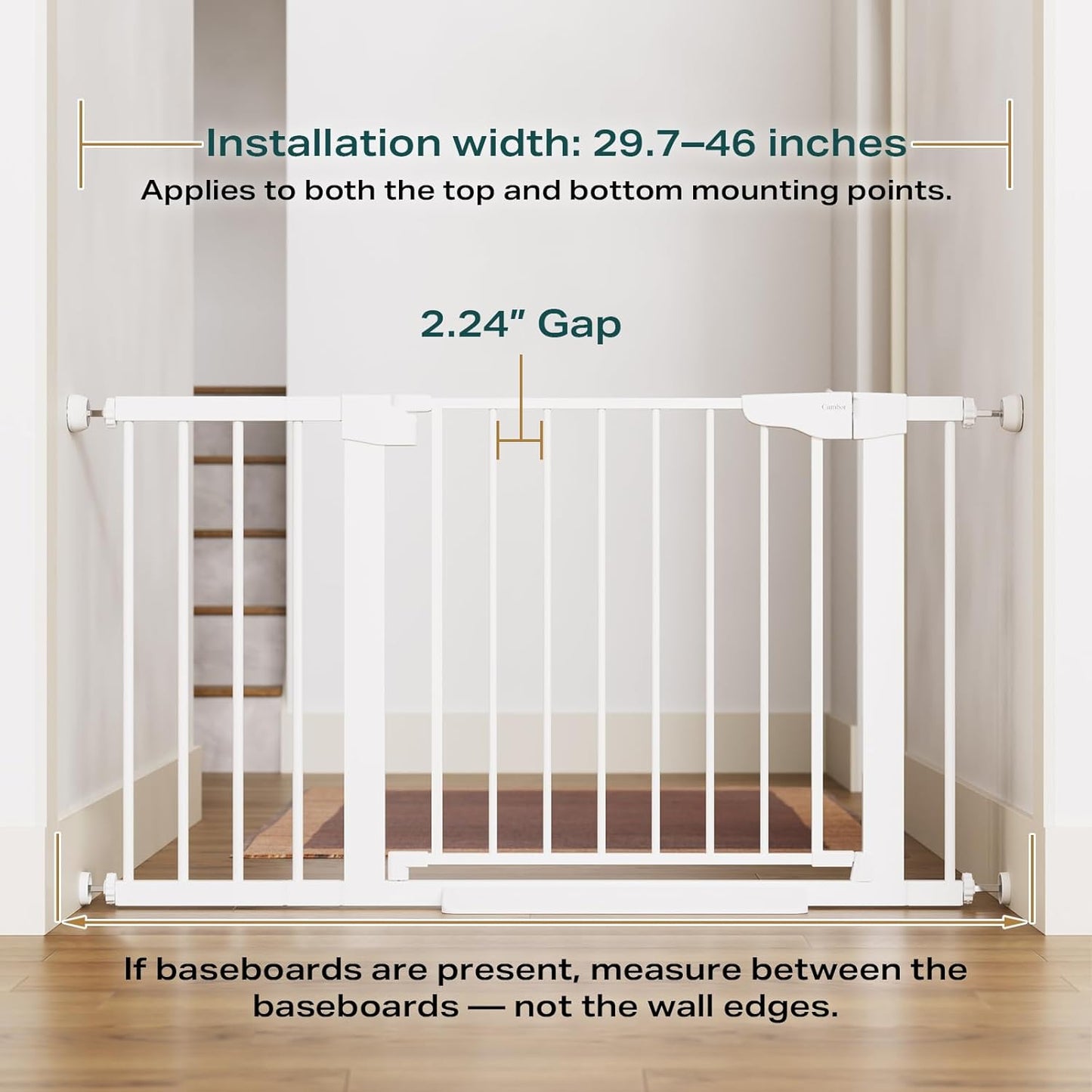 Cumbor 29.7-46" Baby Gate for Stairs, Toddler Safety Essentials for The House, Auto Close Dog Gate for Doorways, Mom's Choice Awards Winner-Easy Install Pressure Mounted Pet Gates for Dogs, White