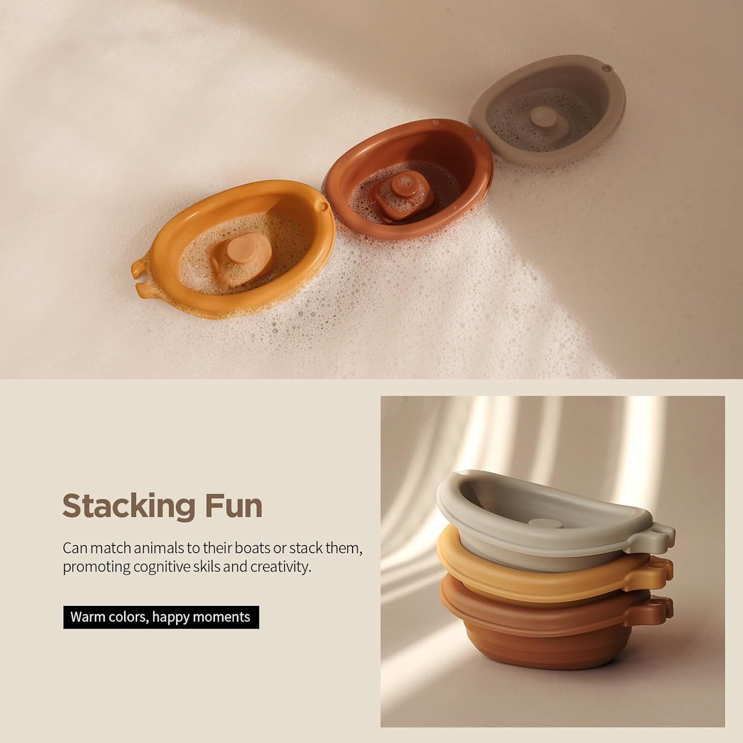 Nueplay Bathtub Toys for Toddlers 18M+，Baby Bath Toys with Animal Finger Puppets，Stackable Boat Train，Easter Bunny Gifts for Baby & Toddlers Set of 6