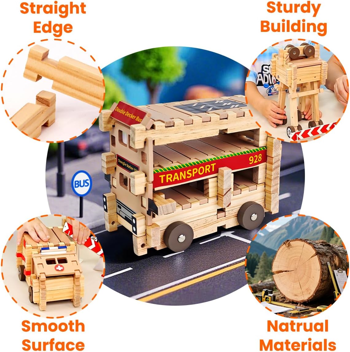 Jovi-mindly＆Notchies Wooden Blocks Train Set 101 PCS Create 40+ Shapes,Toys Educational Wooden Building Blocks Puzzles for Kids Ages 5-8 Boys and Girls,Truck/Excavator,FSC Certified,Graduate Gifts