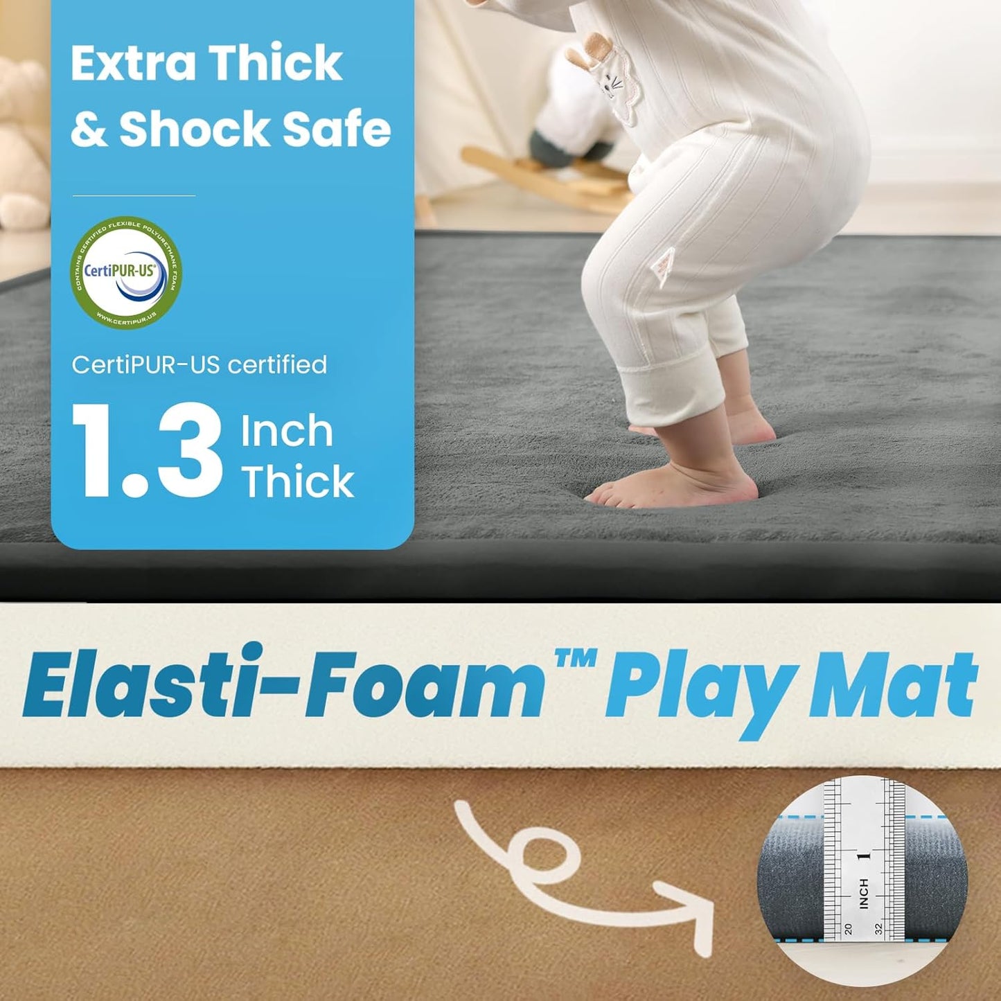 Ultra Soft Baby Play Mat,79"×79" Extra Large Activity Tummy Time Mat for Toddlers,Infants,Kids,1.3" Thick Elasti-Foam Nursery Rug for Floor,Non-Slip Safe for Crawling,Water-Repellent(Dark Grey)