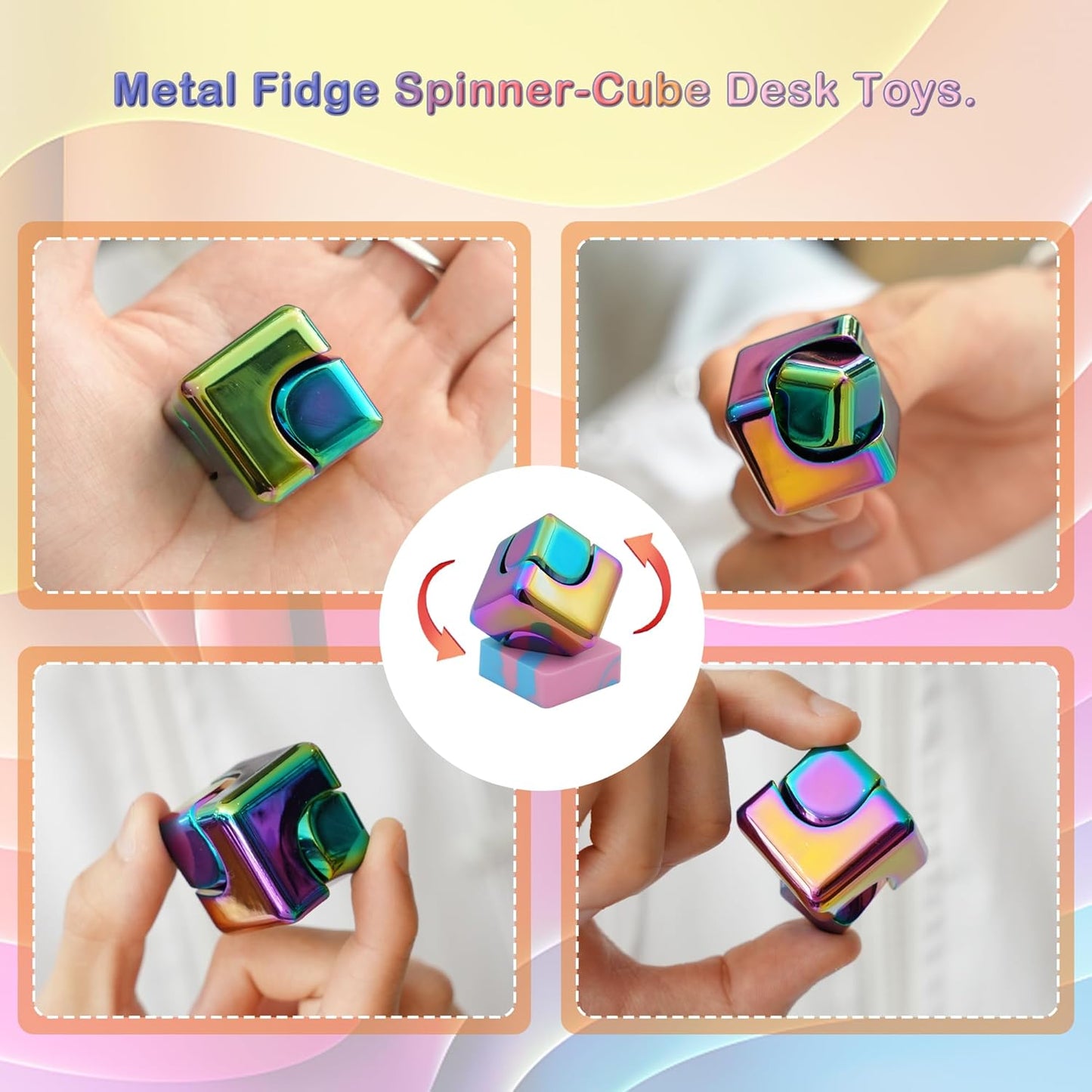 Desk Fidget Toys Spinner-Cube: Figetsss Cool Gadgets Metal Kinetic EDC-Toy with Silicone Base, ADHD Tools Cool Stuff Thing Office Toy Game Stress Relief Gift for Kid Children Teen Adult Christmas