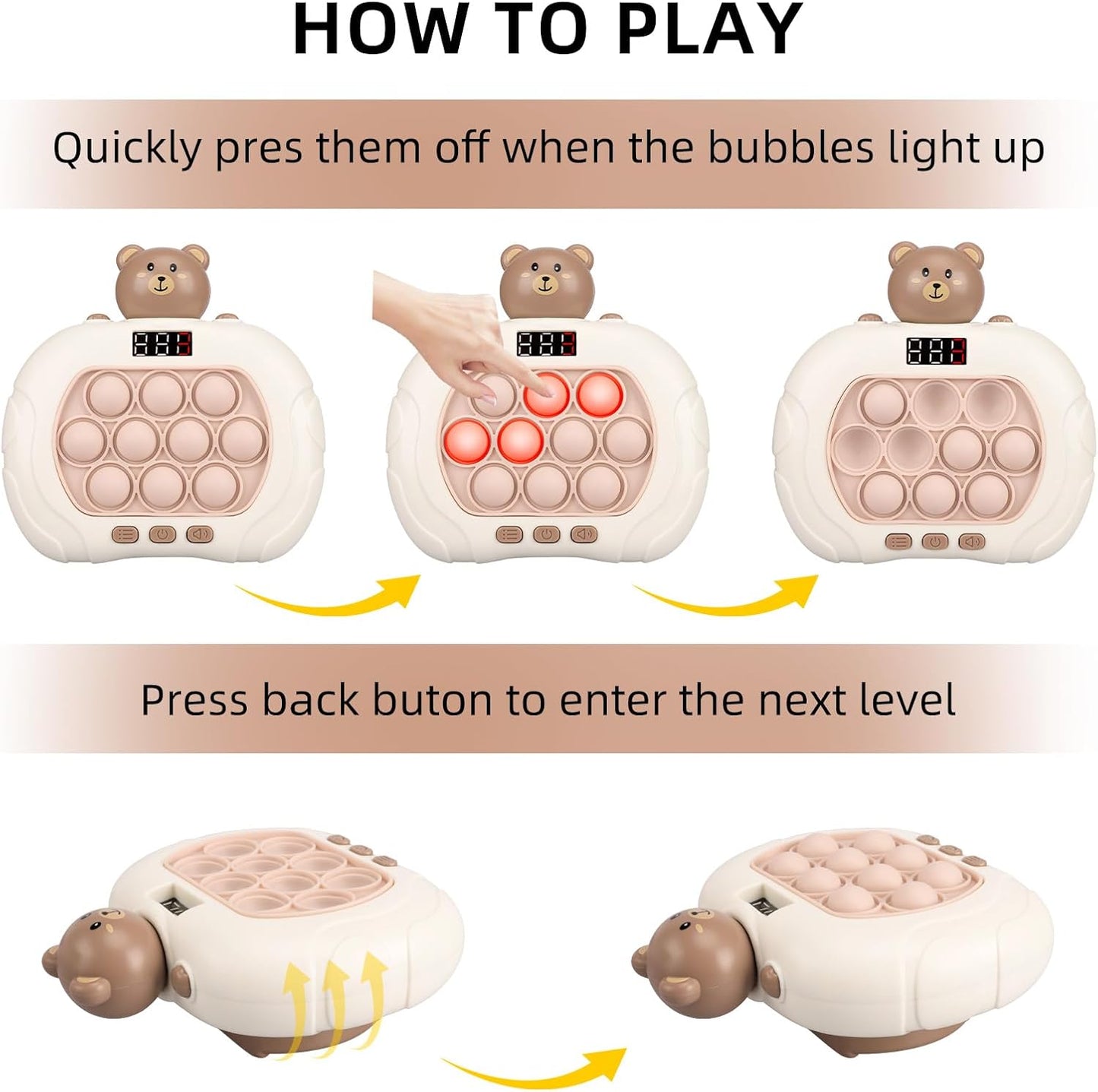 Fast Push Game Pop Fidget Toys for Kids, Fast Push Bubble Game, Handheld Puzzle Game Sensory Toys with LED Screen, Quick Push Light Up Game Gifts for 3-12 Year Old Girls Boys (Bear)