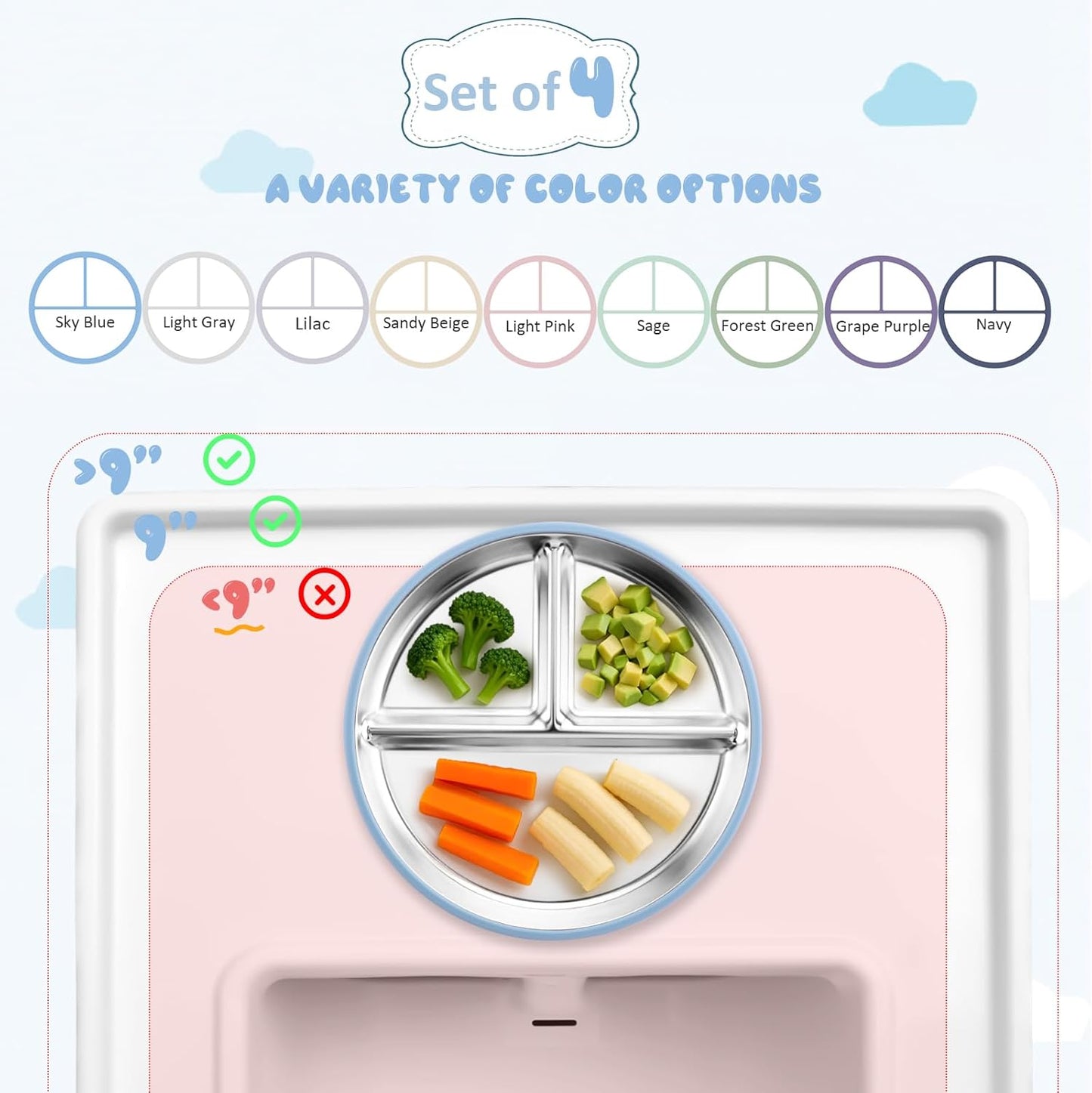 Stainless Steel Suction Plates for Toddlers, 9" Divided Kids Baby Plates with Removable Silicone Suction, Non Toxic Non Slip Portion Control Snack Dishes 4 Packs, Blue Green Purple Beige