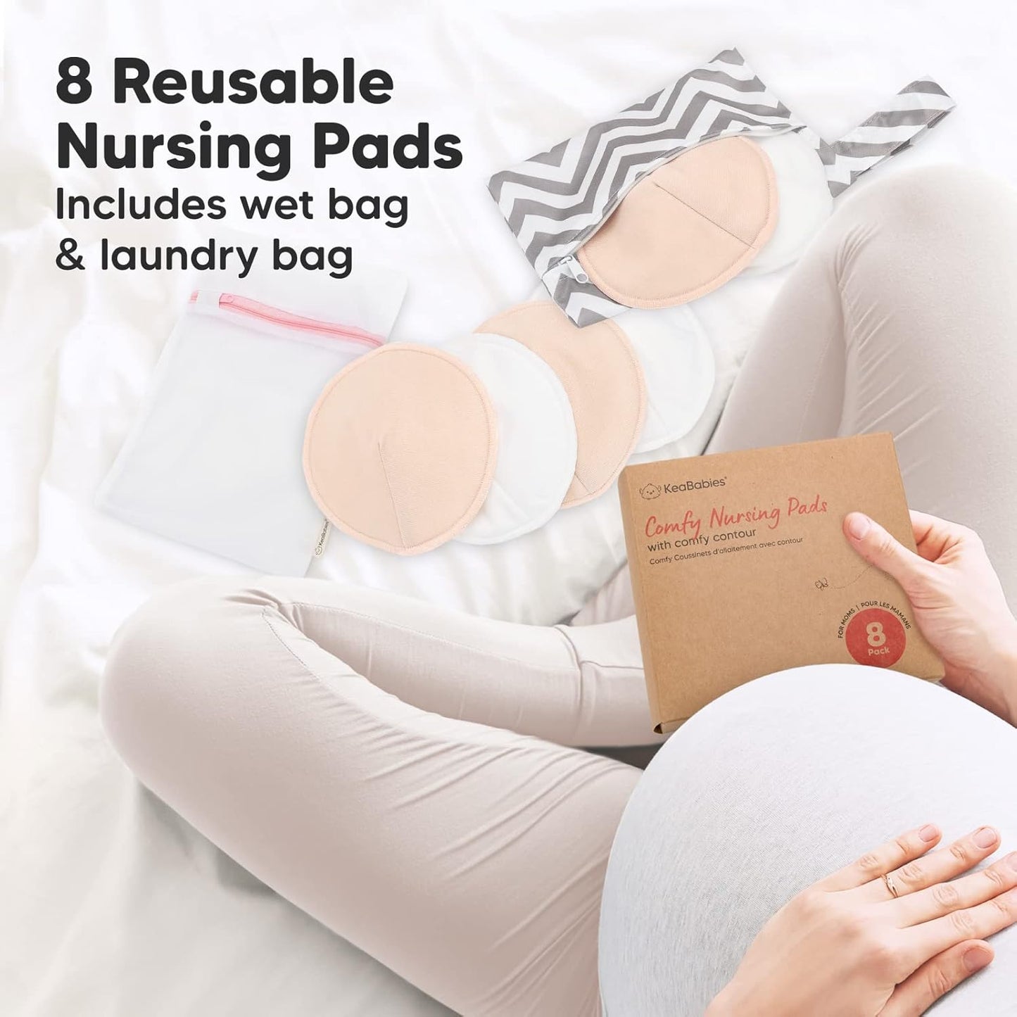 Organic Nursing Pads - 8 Washable Viscose Derived from Bamboo Breastfeeding Pads, Wash Bag, Reusable Breast Pads for Breastfeeding, Nipple Pads for Breastfeeding Essentials(Bare Beige, L 4.8")