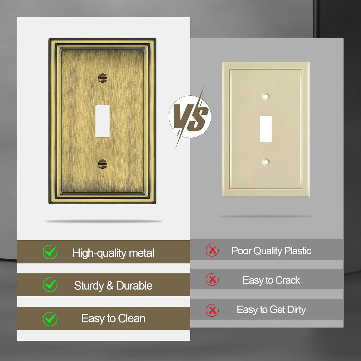 Antique Brass Decorative Light Switch Covers Plate, Metal Material 1 Gang Wall Plates for Light Switch, Single Toggle Switch Plate Cover - Classic Style, 6 Pack