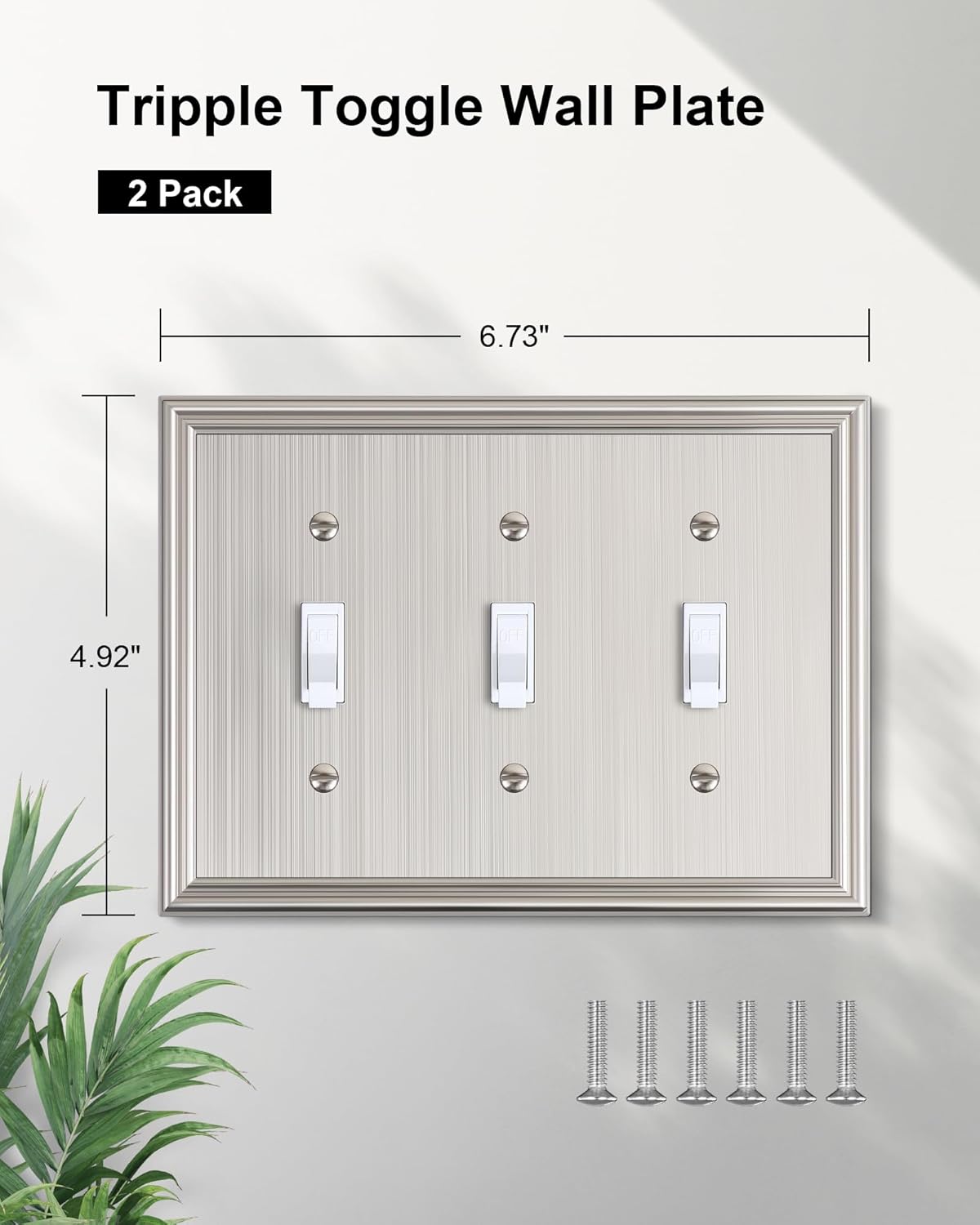 2-Pack Triple Toggle Light Switch Cover Plate, Durable Solid Zinc Alloy Decorative Switch Plate Covers, Brushed Nickel 3 Gang Wall Plate, Corrosion Resistant