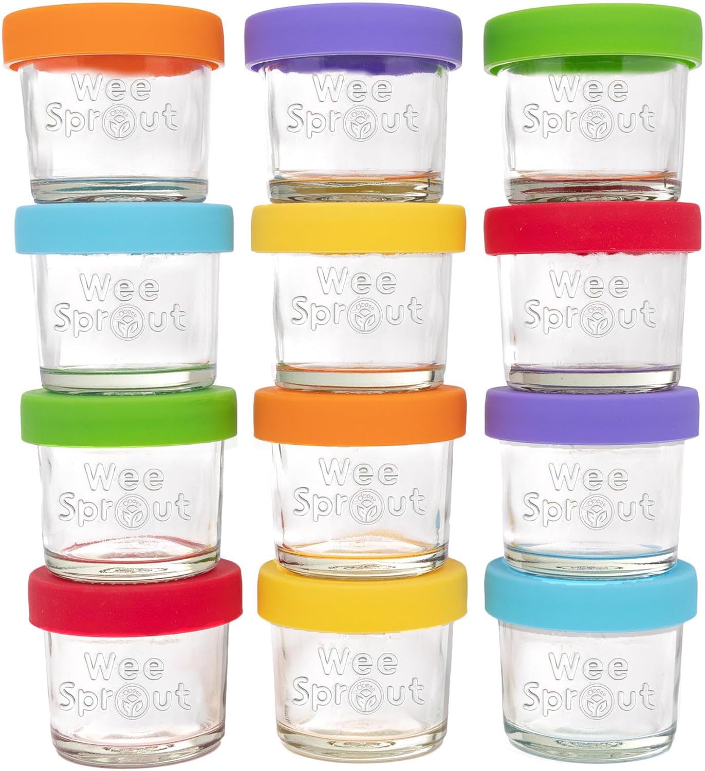 WeeSprout Glass Baby Food Storage Jars w/Lids (4 oz, 12 Pack Set) Snack, Puree, Reusable Small Containers, Breast Milk, Fridge or Freezer, Microwave & Dishwasher Safe, Essential Must Have for Infants
