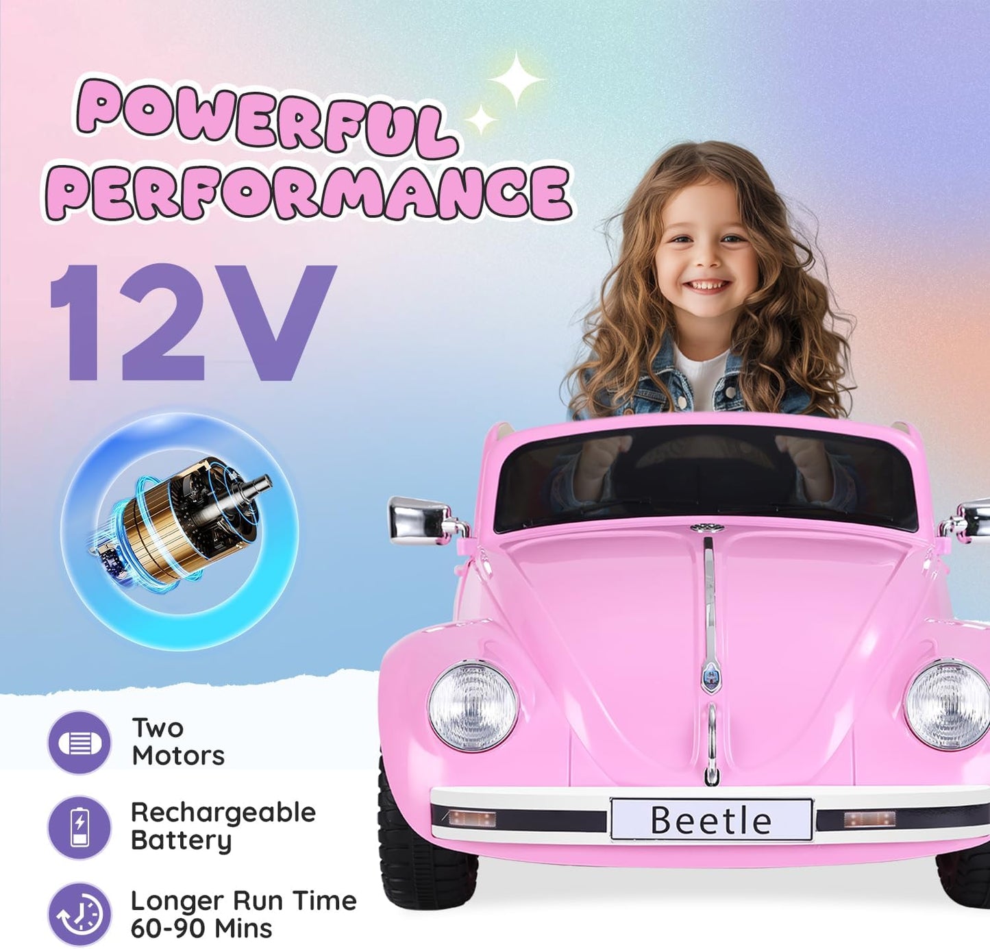 12V Kids Electric Car, Power Wheels with Remote Control, Ride on Car Toys with LED Light, 3 Speeds, Music, Pink