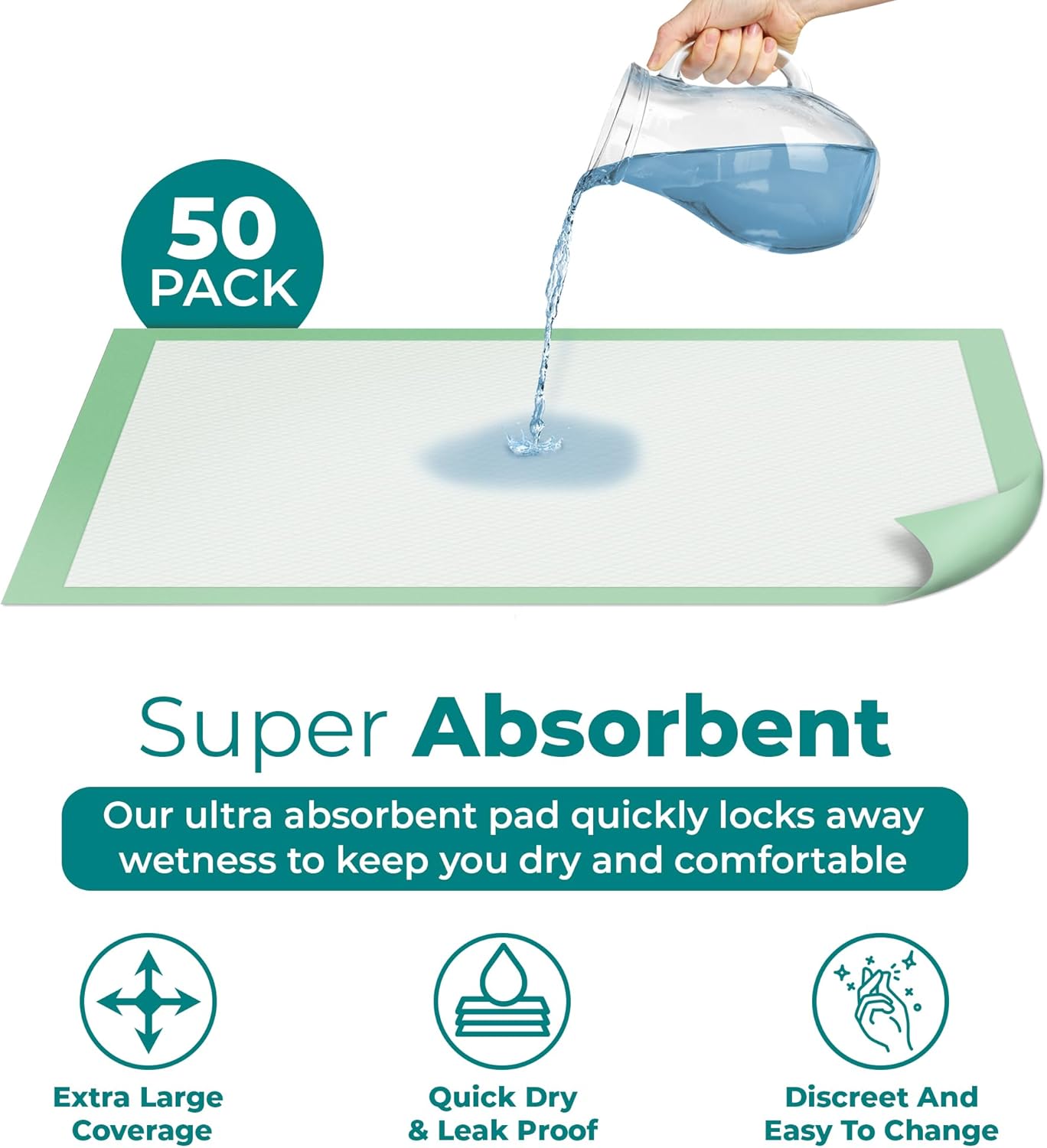 Teal Elite Chucks Pads Disposable Adult 36 x 36, 50 Count - Extra Large Bed Pads Disposable Adult, Super Absorbent Incontinence Bed Pads, Puppy Pads, Pee Pads for Adults, Great for Babies & Pets