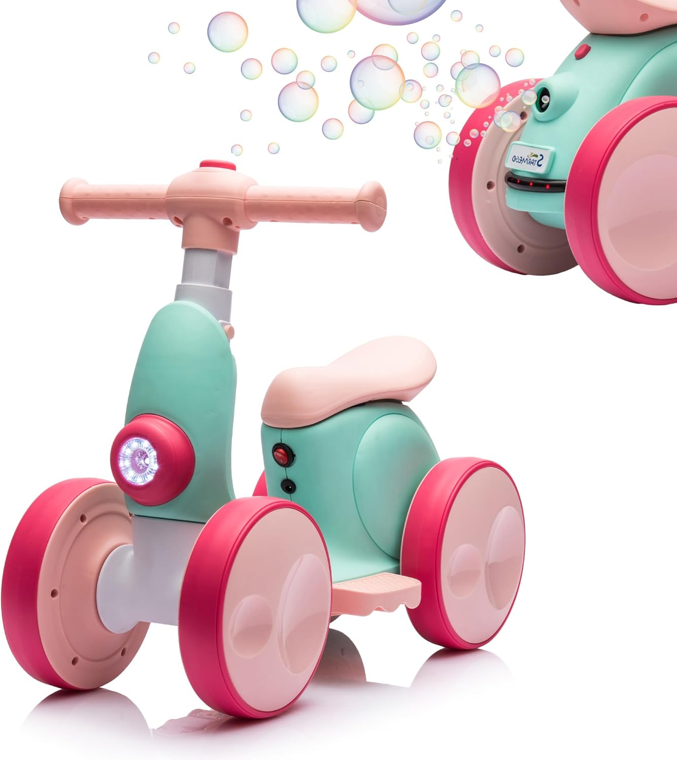 6V Electric Baby Balance Bike with Bubble Machine,4 in 1 Toddler Balance Bike w/Remote for 1 Year Old Boys Girls Kids Bubble Bike Ride on Toys w/Powered Motor,Music,LED Lights (Green&Red)