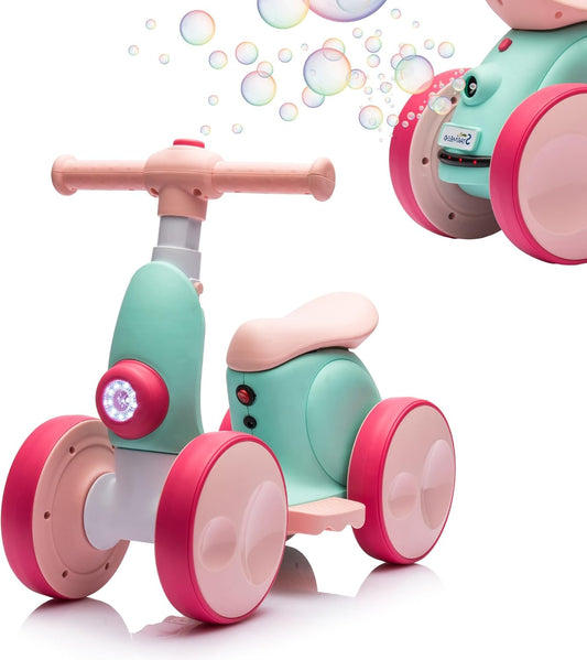 6V Electric Baby Balance Bike with Bubble Machine,4 in 1 Toddler Balance Bike w/Remote for 1 Year Old Boys Girls Kids Bubble Bike Ride on Toys w/Powered Motor,Music,LED Lights (Green&Red)