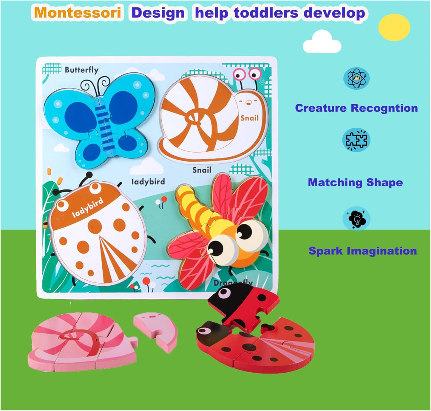 Wooden Creature Puzzles for Toddlers 2-4,Toddler Puzzle Ages 1-3, Montessori Educational Toys for 2 3 Years Old, Wood Learning Gifts for Preschool Kids Boys Girls