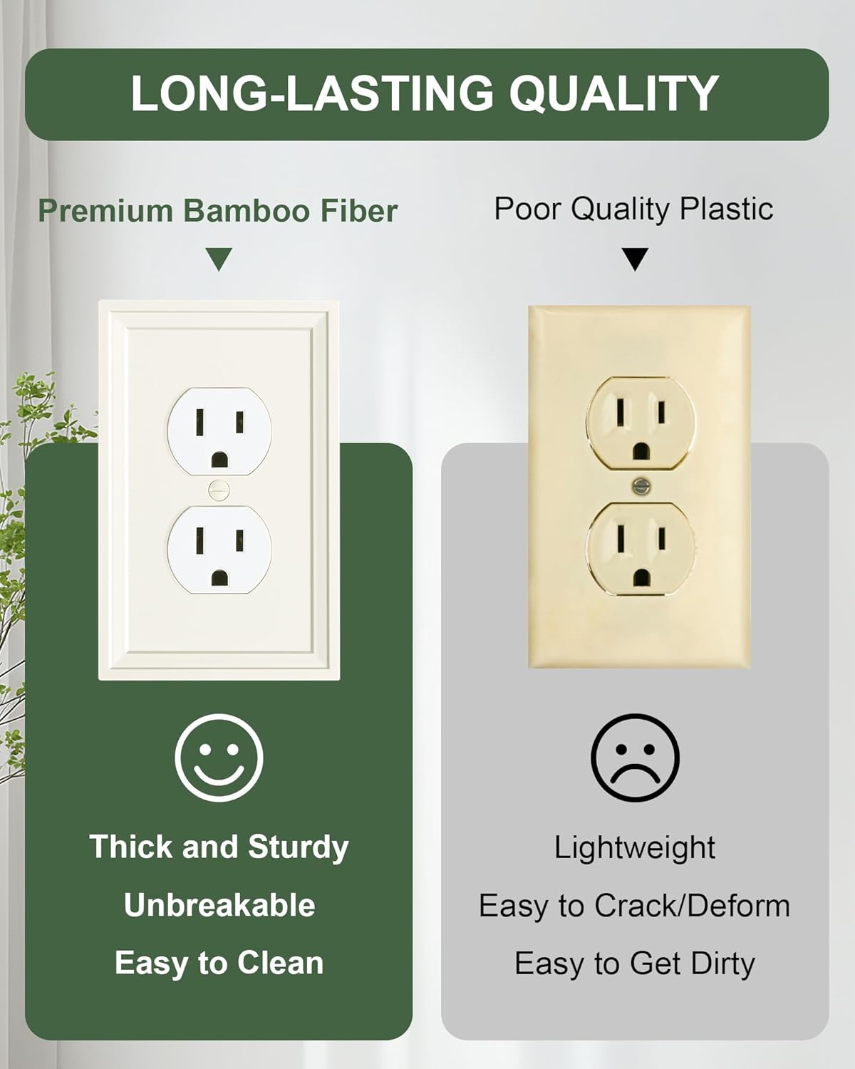 6-Pack Duplex Outlet Cover, Natural Bamboo Fiber Switch Plates and Outlet Covers, Light Almond Decorative Wall Plates for Electrical Outlets, 1 Gang Receptacle Cover, Corrosion Resistant