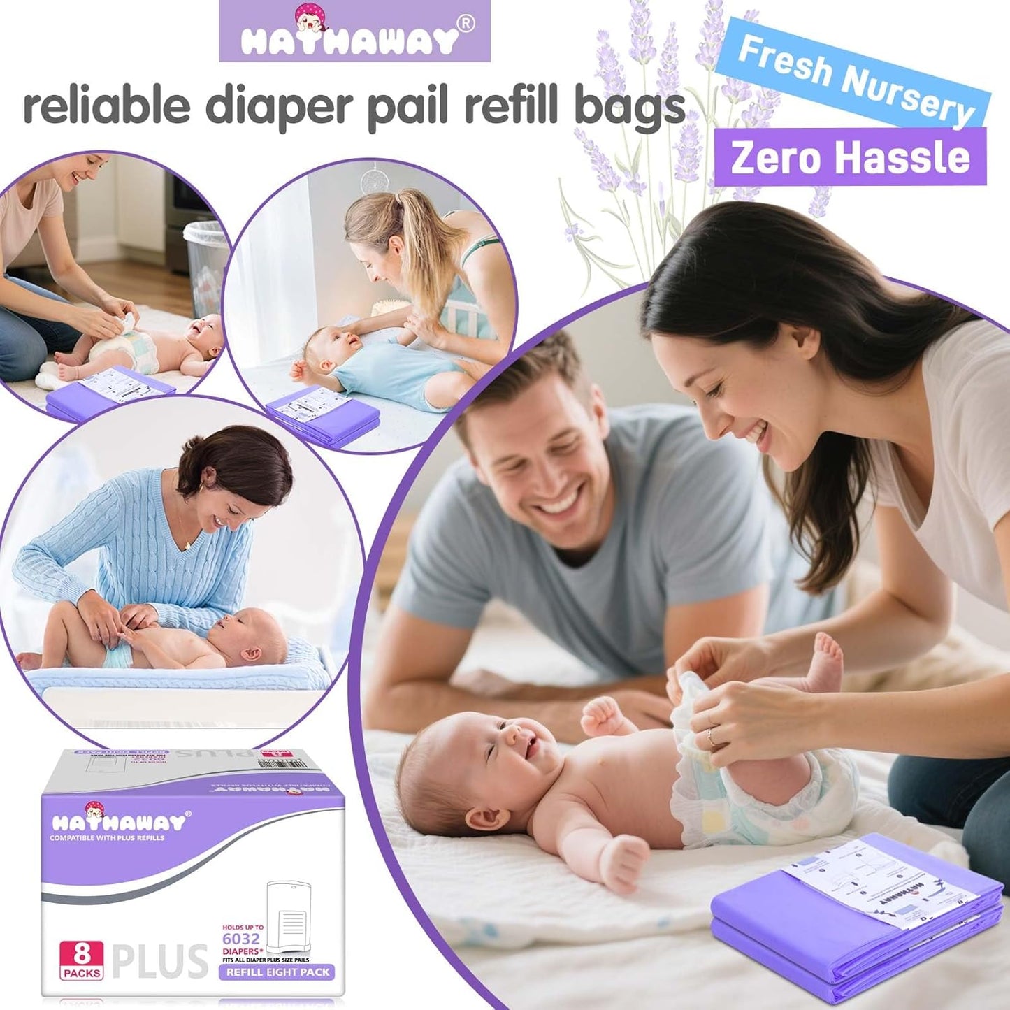 Diaper Pail Refill Bags Compatible With Dekor Plus Diaper Pail, Extra 30% Length, Lavender Scent, 8 Pack