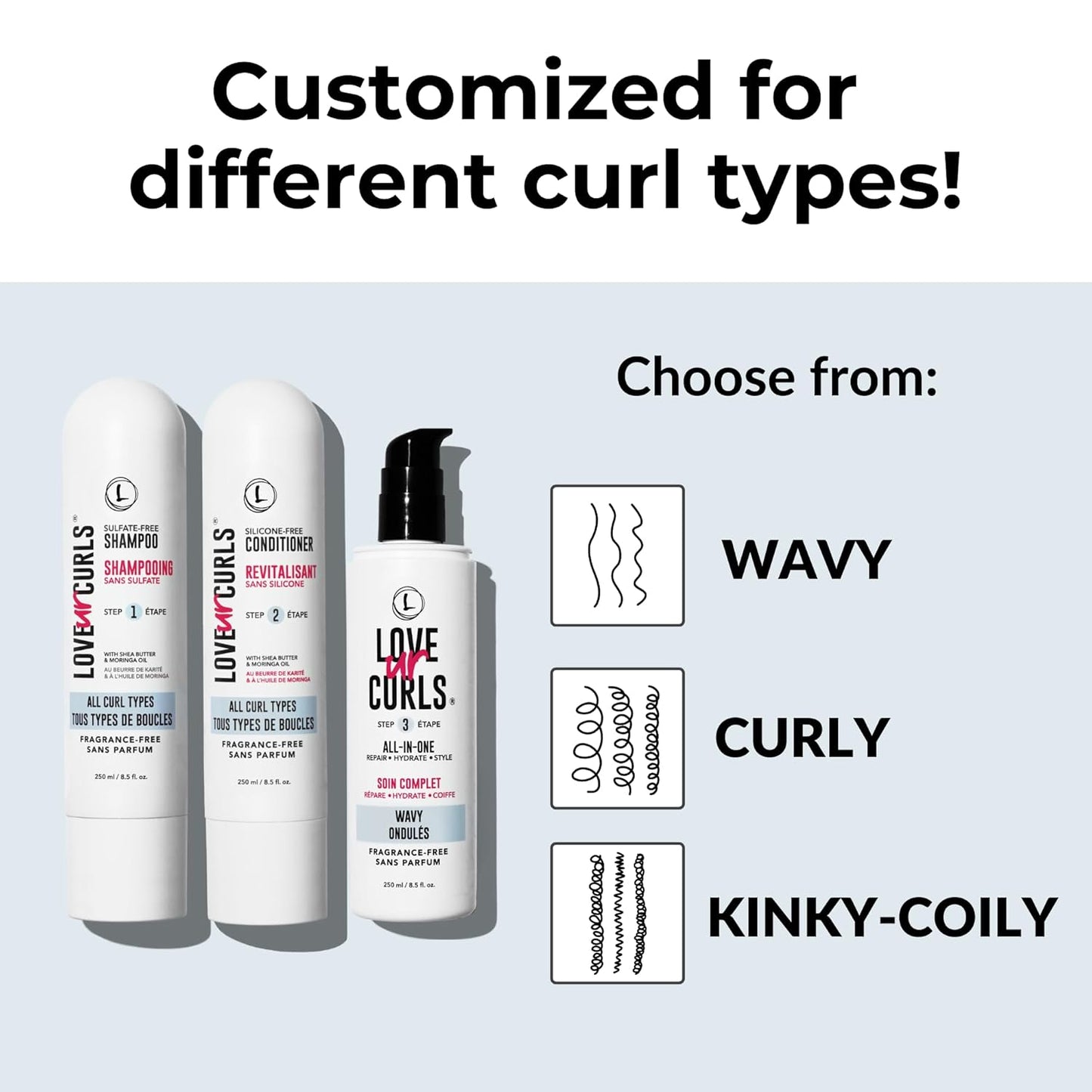 Love Ur Curls Fragrance Free Curly Shampoo and Conditioner Set with All in One Curl Cream Styler for Wavy Hair, 3 Step System to Repair, 200 mL