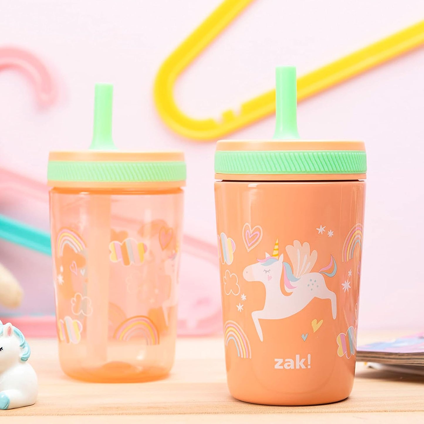 Zak Designs Unicorn Kelso Tumbler Set, Leak-Proof Screw-On Lid with Straw, Bundle for Kids Includes Plastic and Stainless Steel Cups with Bonus Sipper, 3pc Set, Non-BPA, 15 fl.oz.