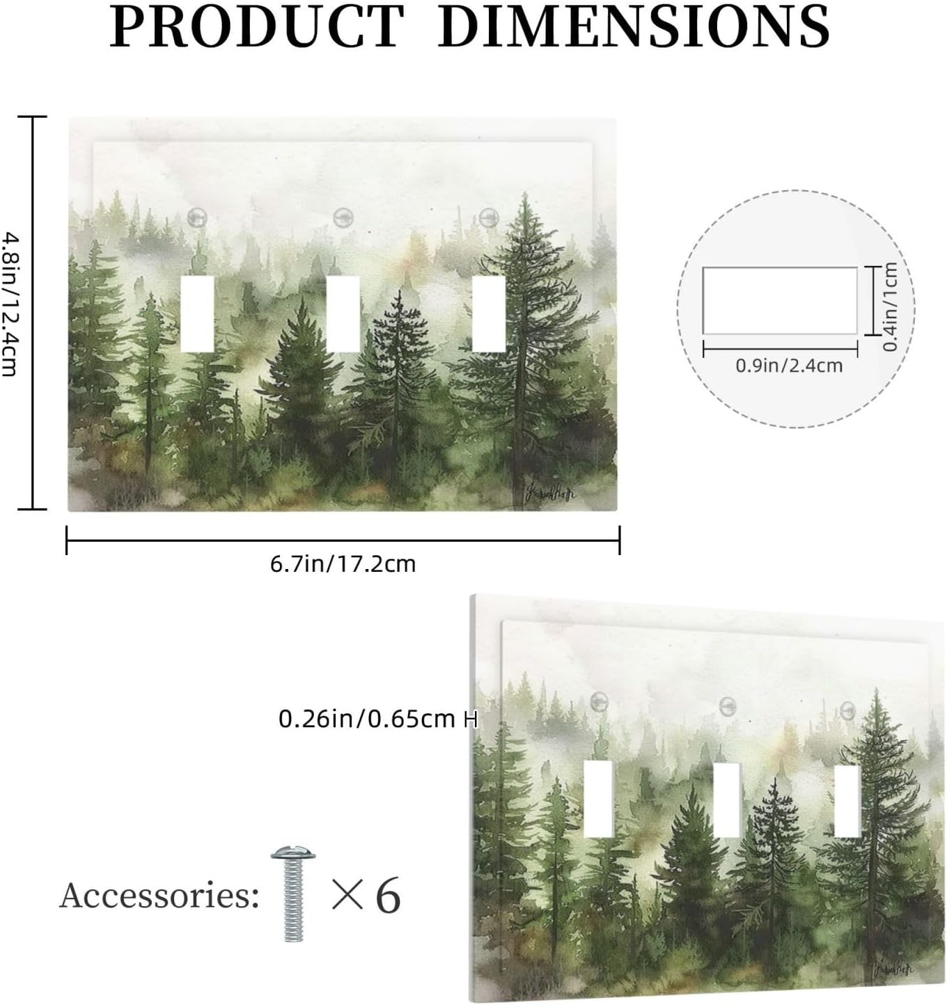 Decorative Switch Plates Green Forest Watercolor Painting Foggy Pine 3 Gang Wall Plate Triple Toggle Light Switch Cover Faceplate Electrical Wall Panels for Bedroom living Room Decor