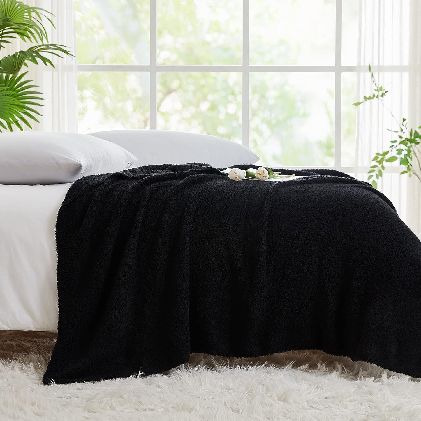 CYMULA Super Soft Knit Throw Blanket Twin Size Black-Lightweight Plush Fuzzy Fluffy Warm Cozy Blankets and Throws for Sofa Bed All Season Use, 60x80 inches