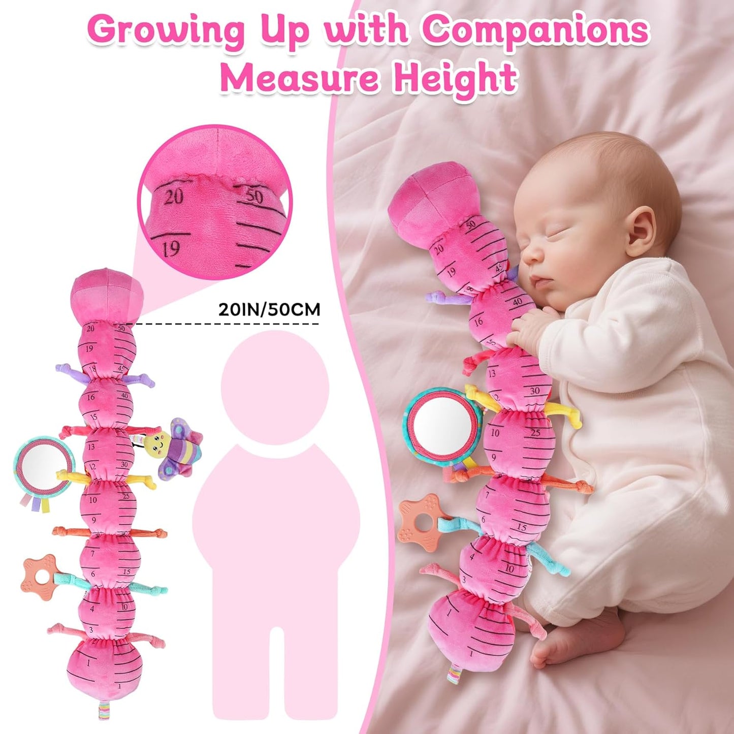 Baby Girls Toys 6-12 Months - Infant 6-in-1 Sensory Music Animal Stuffed Caterpillar Toy with Rattle & Mirror Crinkle for Tummy Time, Newborn 0 3 6 9 12 18 Shower Gifts Soothing Companion Toys, Pink