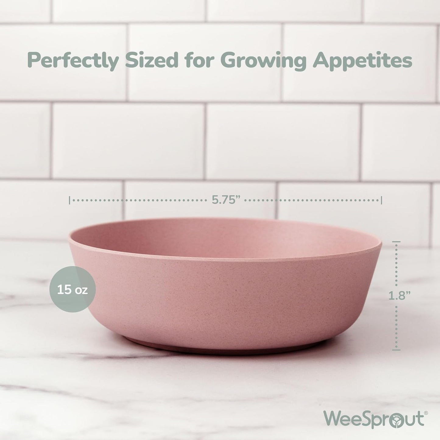 WeeSprout Bamboo Kids Bowls with Lids, Set of Four 15 oz Kid-Sized Dinnerware, Cereal, Leftovers & Snack Bowl, Dishwasher Safe (Pink, Green, Gray, & Beige)