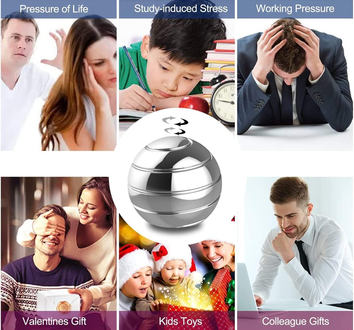 Kinetic Desk Toys,Full Body Optical Illusion Spinner Ball,Gifts for Men,Women,Kids 1.5” Size (Silver)