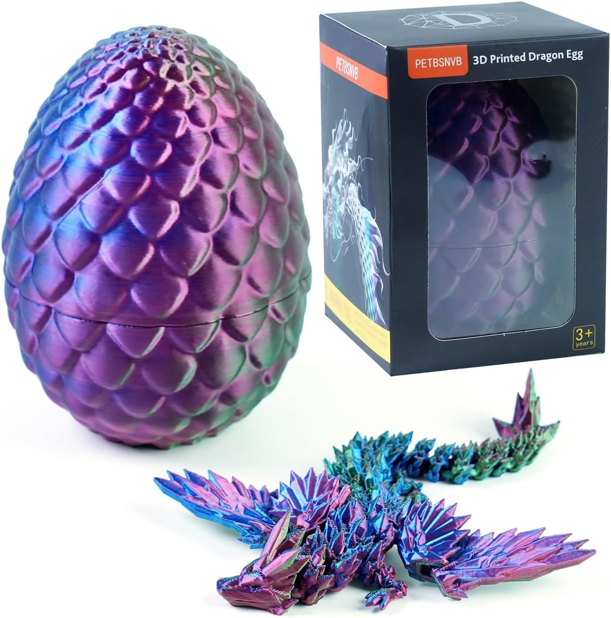 3 Colors 7" 3D Printed Dragon with Wings in Egg, Easter Basket Stuffers, Crystal Dragon Surprise in Eggs, Articulated Dragon, Dragon Fidget Toy, Home Office Decor Executive Desk Toy (Purple)