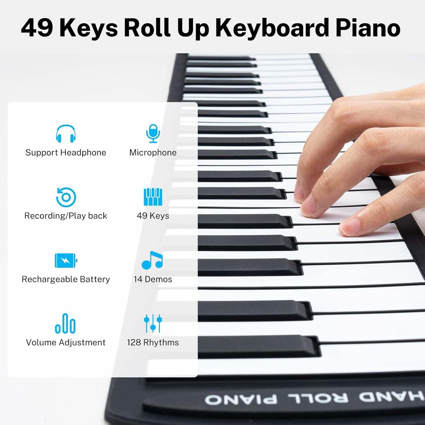 49 Key Roll Up Keyboard Piano, Portable Digital Electric Foldable Piano Keyboard, Rechargeable, 47 Tones, 14 Educational Demo Songs, for Beginners Gift (Black & White Key)