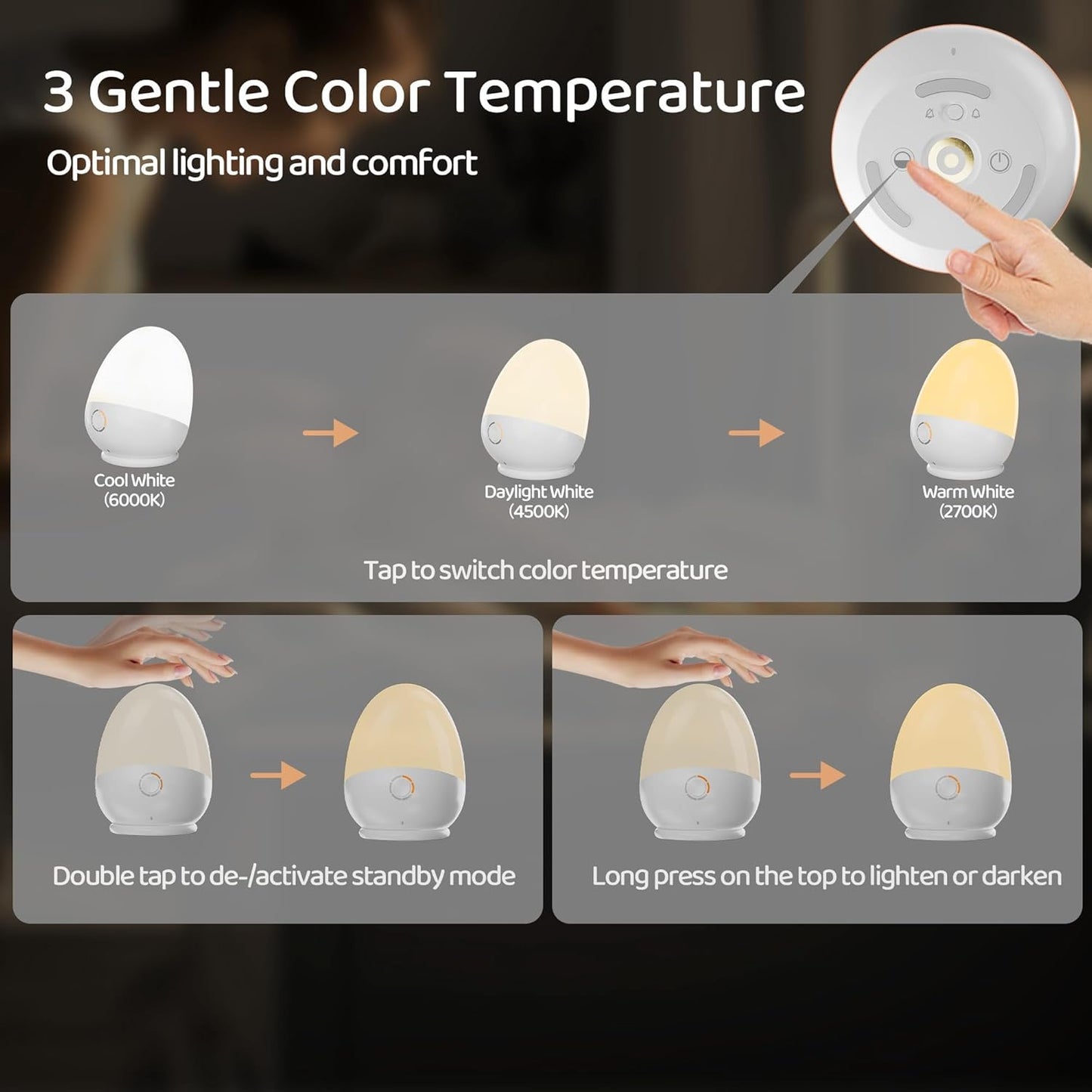 Touch Egg Night Light for Baby Nursery, Rechargeable Portable Kids Nightlight Lamp with 1-6H Feeding Timer, 3 Color Temperatures Dimmable, Ideal for New Moms of Toddlers