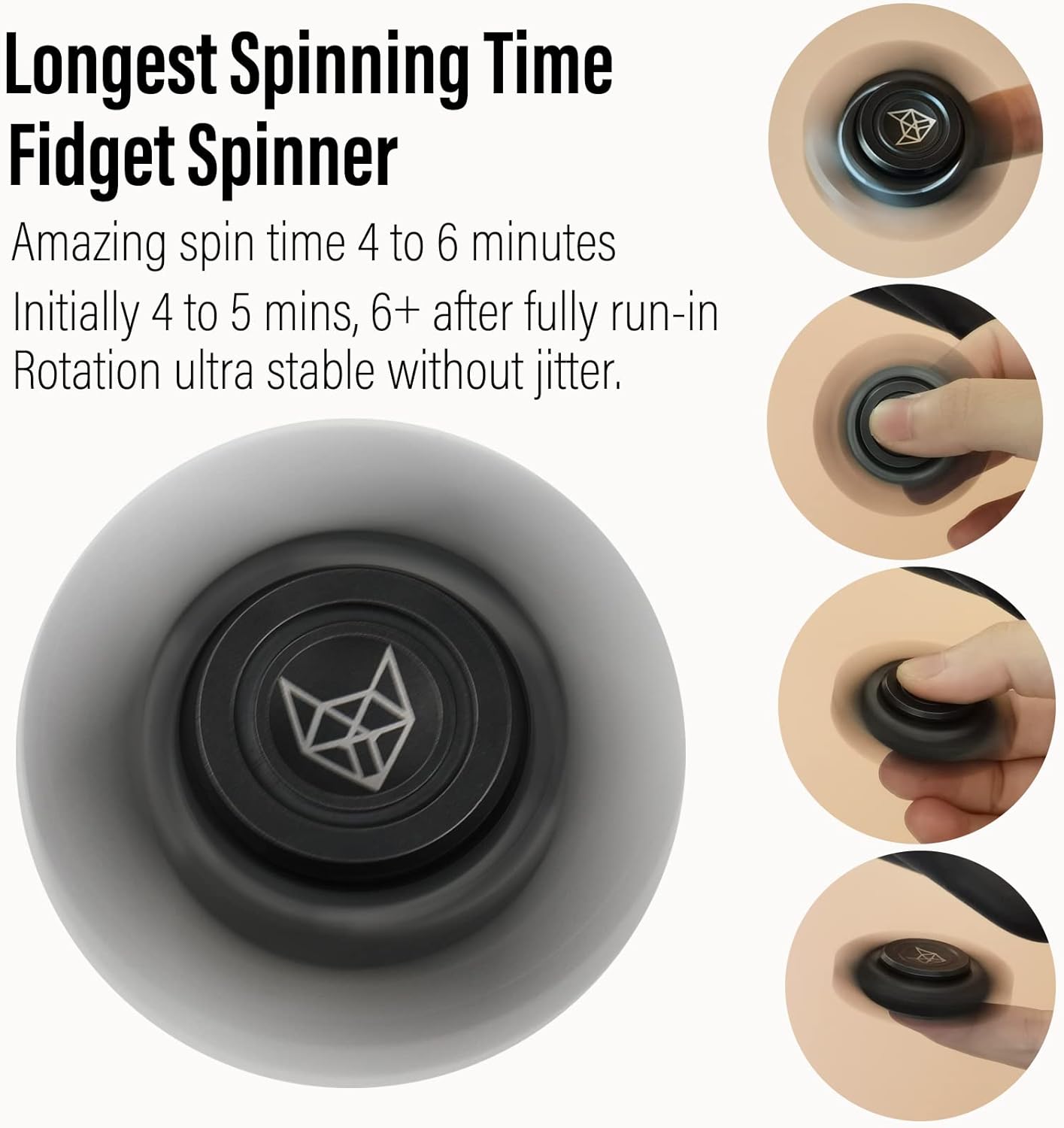 FREELOVE Upgraded Fox Metal Fidget Spinner for Adults, Steel/Glow Balls Clicking Noise, Mini Small Tiny Pocket Tri Finger Gyro, Long Spinning Premium Bearing Toy, Stainless Steel CNC, Stone Black