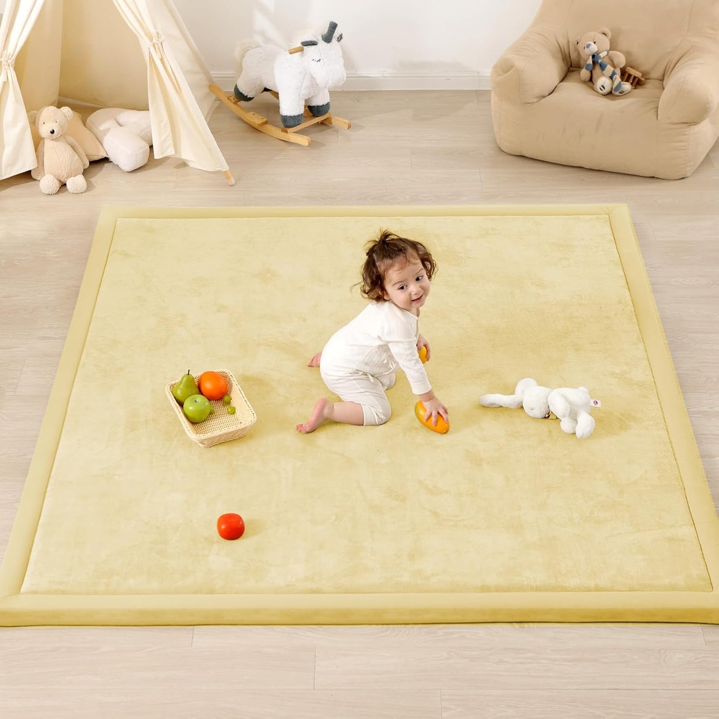 1.3" Thick Baby Play Mat,Ultra Soft Elasti-Foam 50×50 Playpen Mat for Tummy Time,Water-Repellent Coral Fleece Nursery Rug for Infants,Toddlers,Kids,Non-Slip Safe for Crawling(Vanilla)