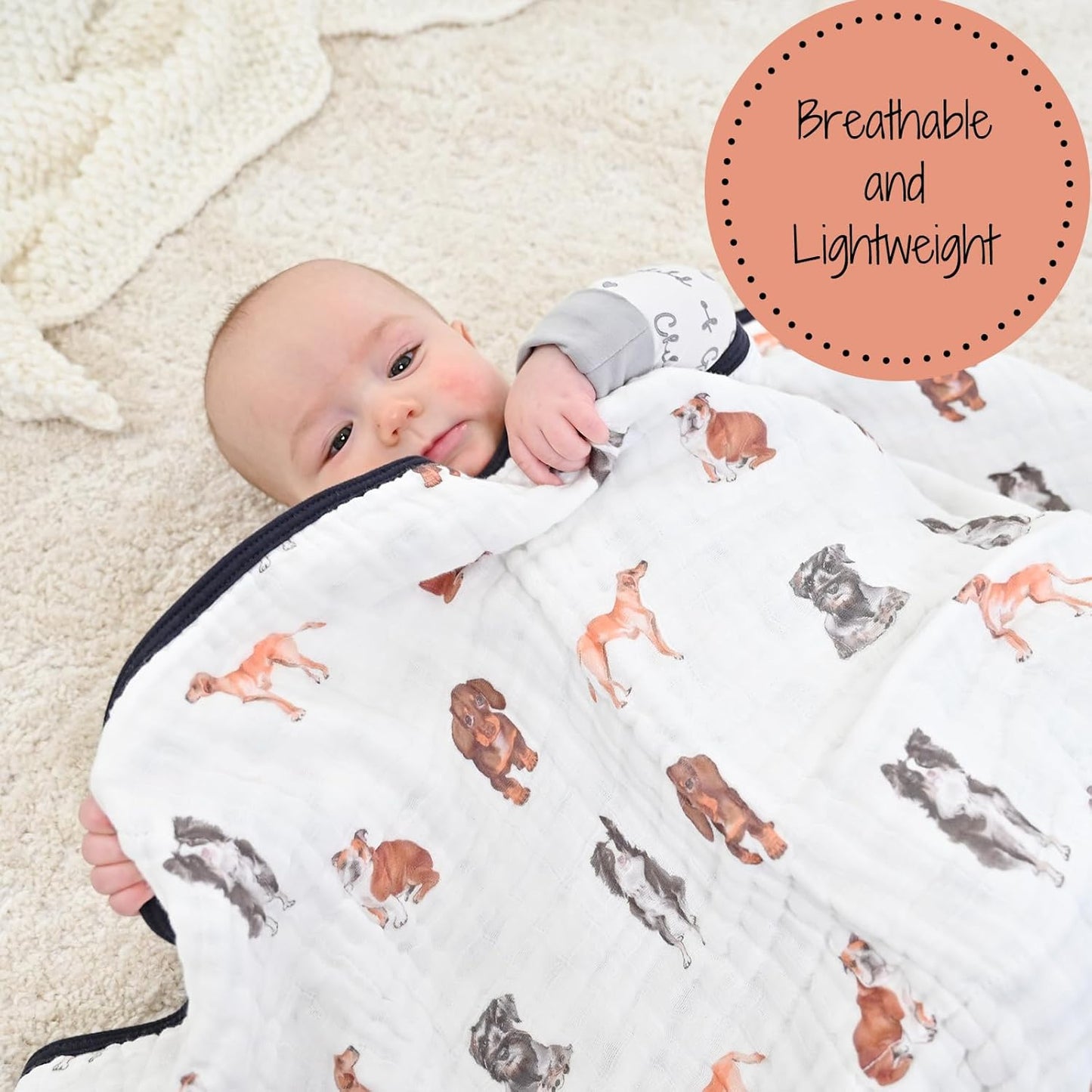 LollyBanks Muslin Baby Blanket 100% Organic Cotton, Muslin Quilt Lightweight, 6 Layers Baby Blankets 47"x 47", Toddler Blanket for Boy and Girl, Nursery Receiving Blankets (Puppies Print)