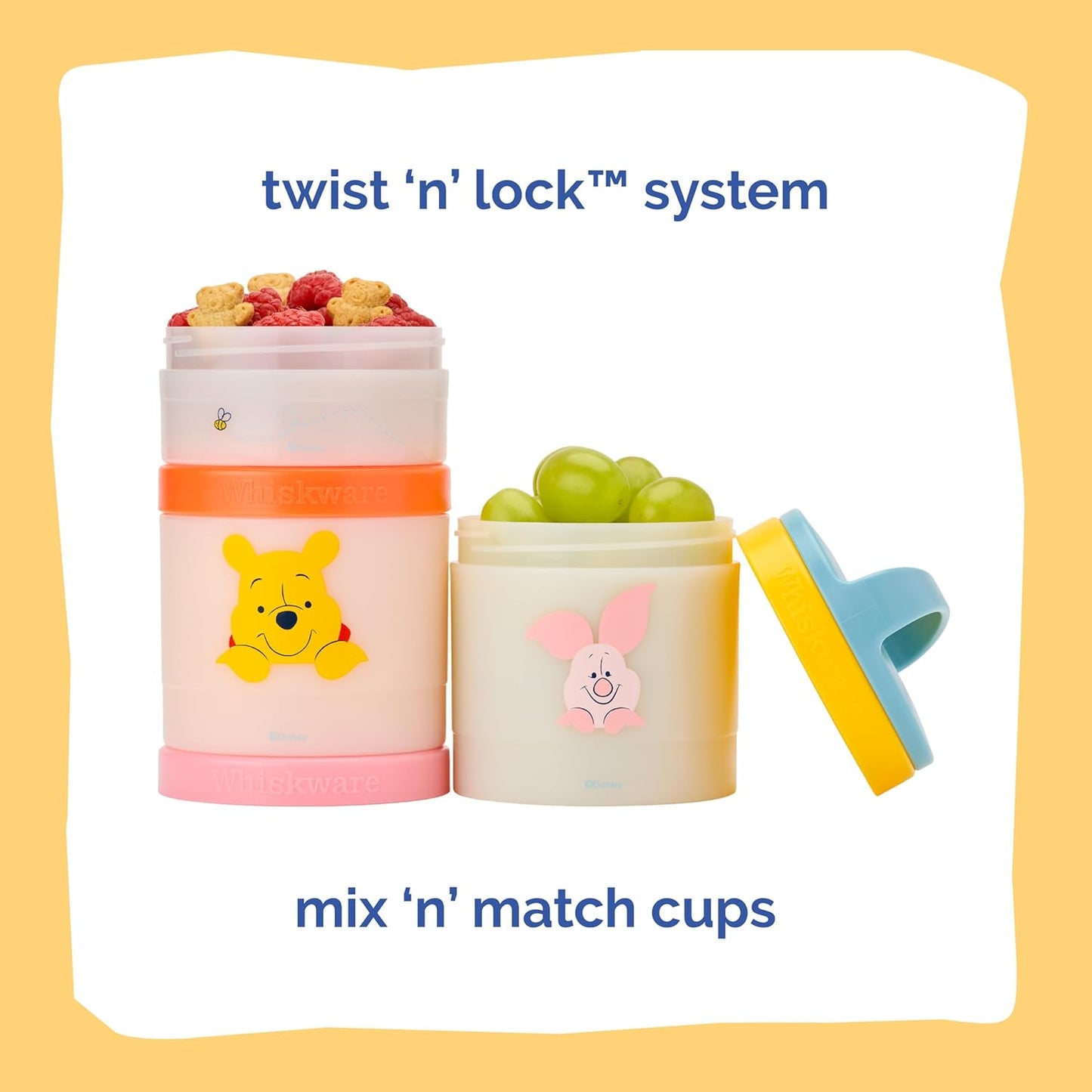Whiskware Disney Winnie The Pooh Stackable Snack Containers for Kids and Toddlers, 3 Stackable Snack Cups for School and Travel, Sweet Like Honey, Pooh and Friends