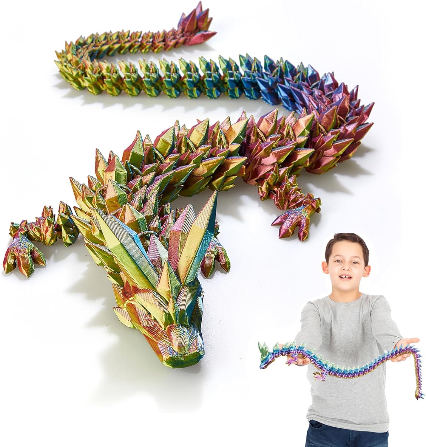 3D Printed Dragon, 3D Dragon,24 Inch 3D Printed fidget Dragon, Bigger Fidget Crystal Dragon Toys, 3D Printed Articulated Dragon for Home Office Car Desk Decor Toys (Red Yellow Blue)