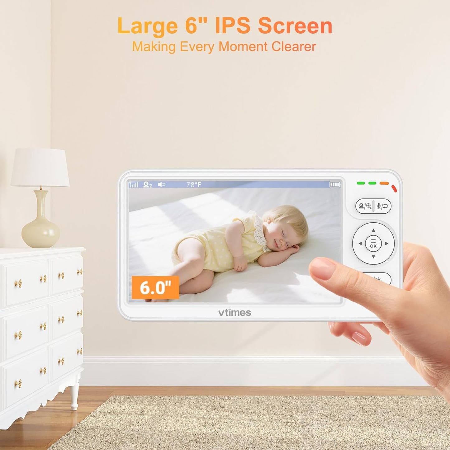 Baby Monitor with Camera and Audio, 6'' IPS Screen with 30-Hour Battery, Baby Monitor No WiFi Night Vision, ECO, 2-Way Audio, Pan-Tilt-Zoom, Baby Camera Monitor with 1000ft Range, Ideal Gift