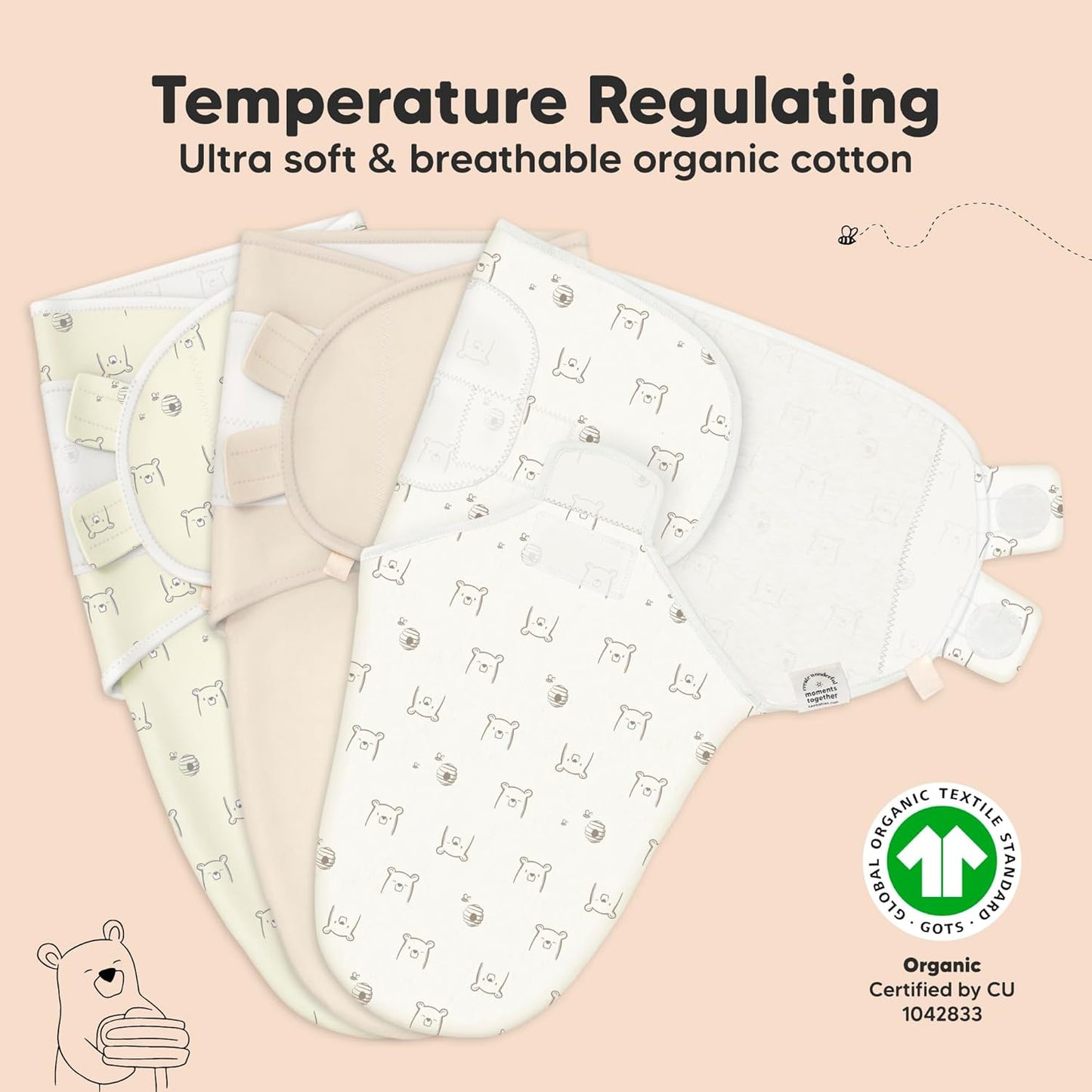 3-Pack Organic Baby Swaddle Sleep Sacks - Swaddles for Newborns, Infant 0-3 Months, Baby Girls, Boys, Soft & Snug Newborn Sleep Sack, Nursery Swaddling Blankets (Bumble Bear)