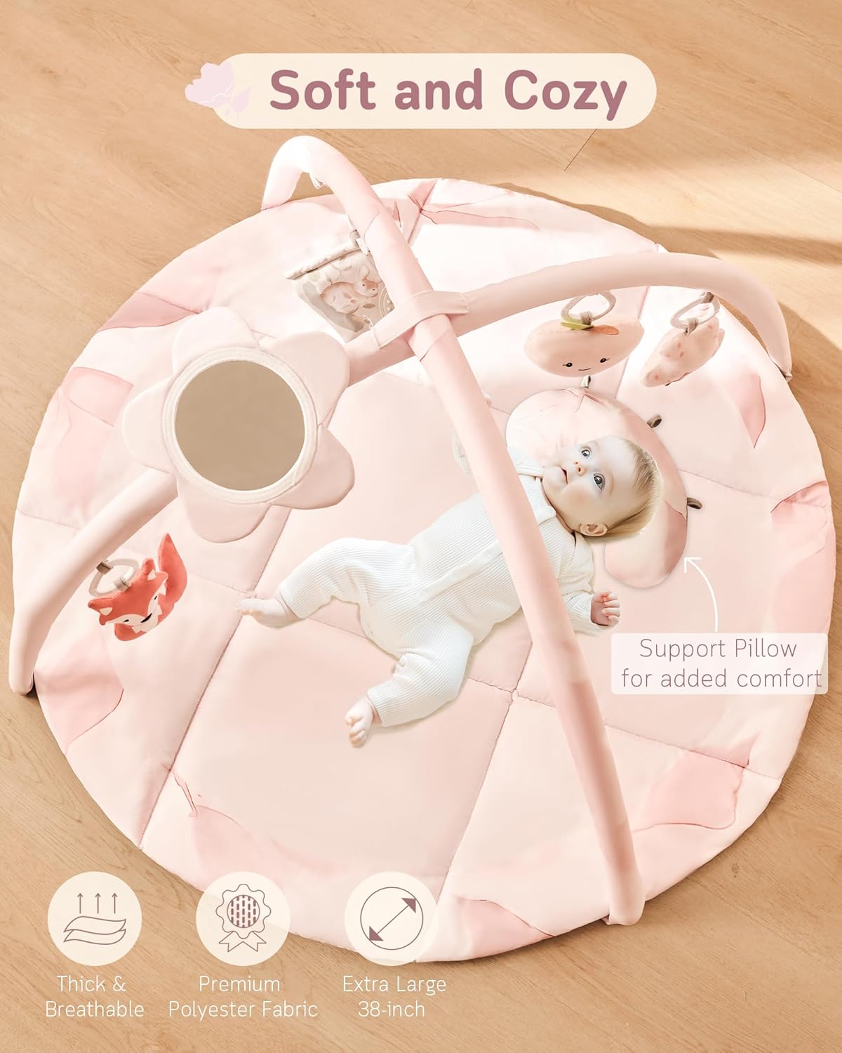 Fortella Baby Play Gym & Activity Mat, Tummy Time Mat w 5 Detachable Toys and Pillow, Large Sensory Playmat for Floor, Newborn Infant Baby Essentials Shower Gift 0-3-6-9-12 Months (Rose Pink)