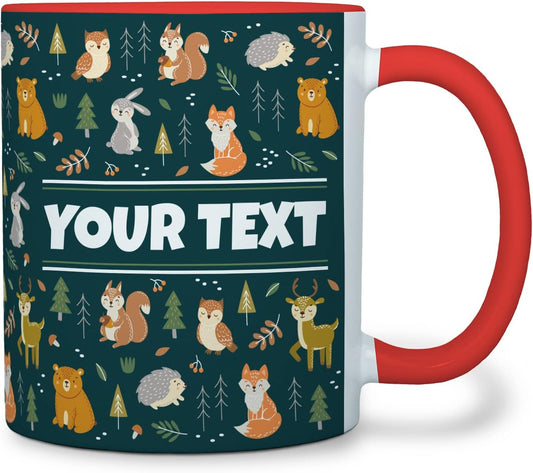 Personalized Mug for Kids - Woodland Animals - Custom Name/Text, Ceramic Hot Chocolate/Cocoa/Coffee Cup for Boys/Girls, Birthday/Christmas/Holiday Gift - 11 oz, Red Handle