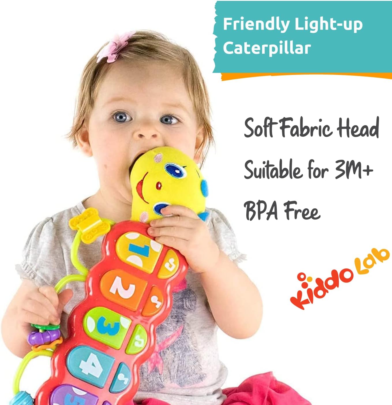 KiddoLab Lira Baby Musical Toy with Lights & Music – Interactive Caterpillar Spinner & Stacking Rings for Infants 3+ Months – Soft Stuffed Animal Head for Sensory Play
