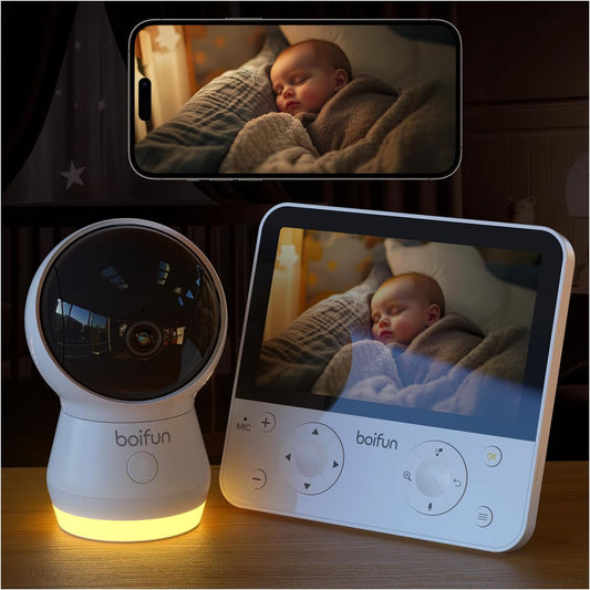 BOIFUN 5.5" AI 4MP Baby Monitor Pro Max: App (Wi-Fi) and Monitor (No Wi-Fi) Control, Upgrade AI Detection (Tummy Sleeping & Face Area), Colorful Night Light, 360° Camera, Motion & Sound Detection