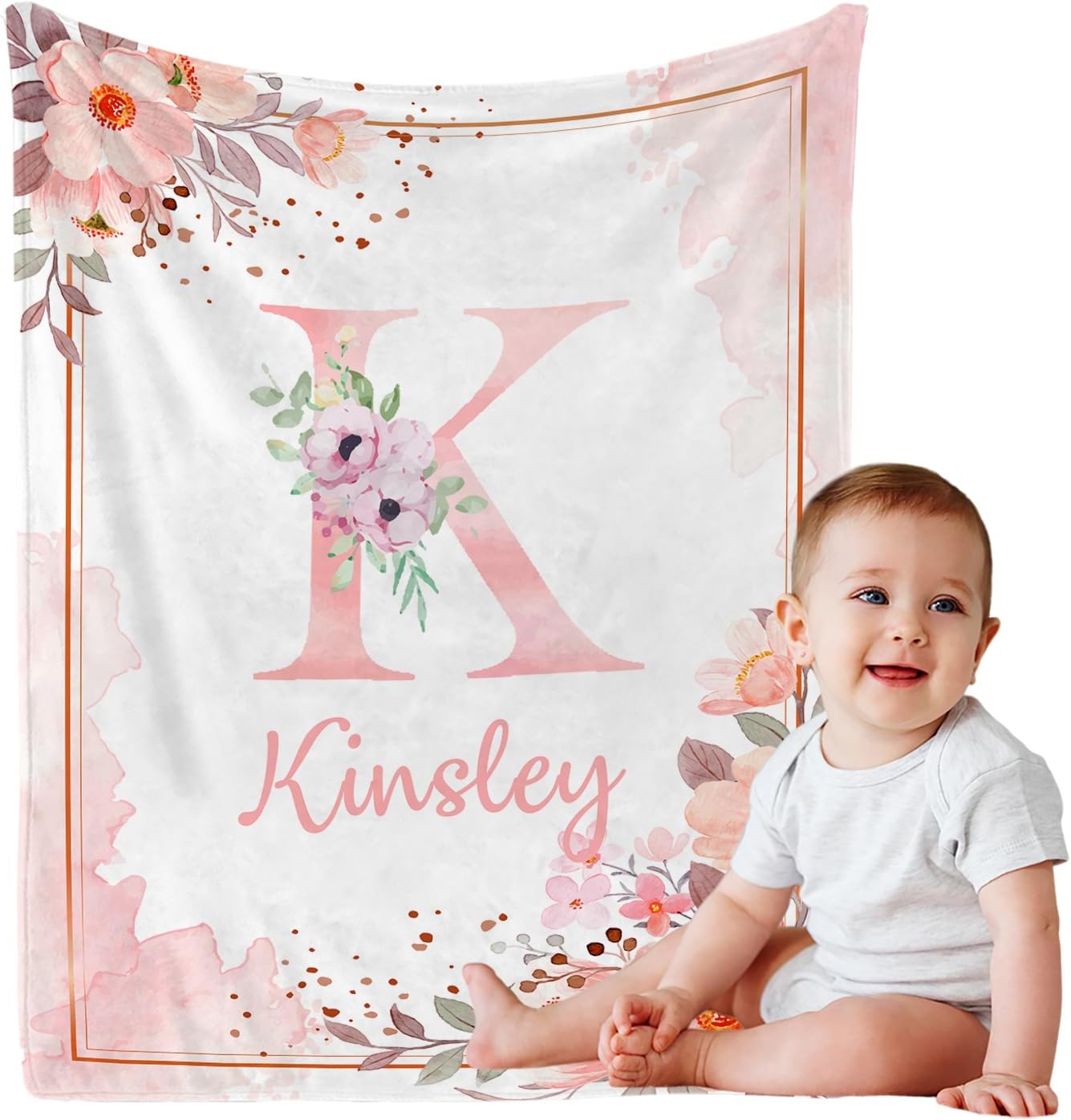 Personalized Baby Blanket with Name, Custom Floral Name Blanket Toddler Girls Soft Flannne Receiving Blankets Customized Memorial Gift for Infant Newborn Shower