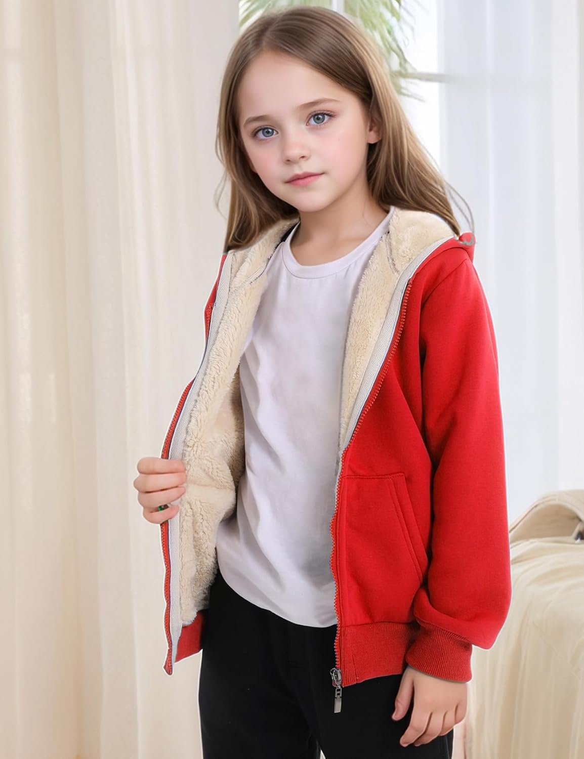 Gihuo Unisex Boy's Girls Winter Warm Sherpa Lined Zip Up Sweatshirt Fleece Jacket Kid's Hoodie Outerwear