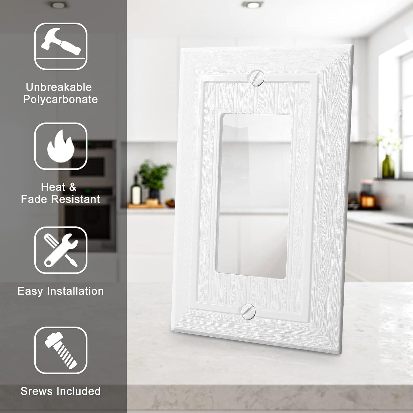 Modern Decorative Wall Plate Switch Plate Outlet Cover, Vintage Retro Wood Grain Design(Single Decorator-4 Pack, White)