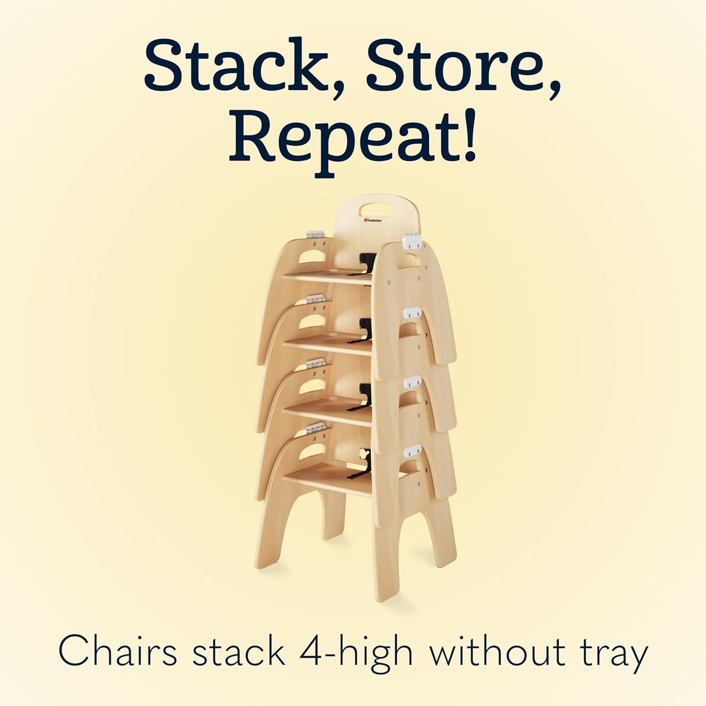 Foundations Easy Serve Low Wood Feeding Chairs Multipack, Adjustable Harness, Removable Dishwasher Safe Tray, No-Tip Base, Stackable Toddler Chairs, 2 Pack (7 inch)