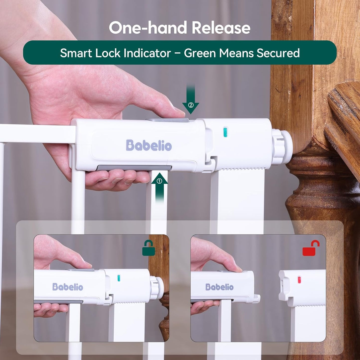 BABELIO Baby Gate for Doorways and Stairs, 41-46" Pet Gate with Wide Walk Thru Door and Lock Indicator, No Drill Pressure Mounted Safety Gate with Double Lock and Self-Closing, White