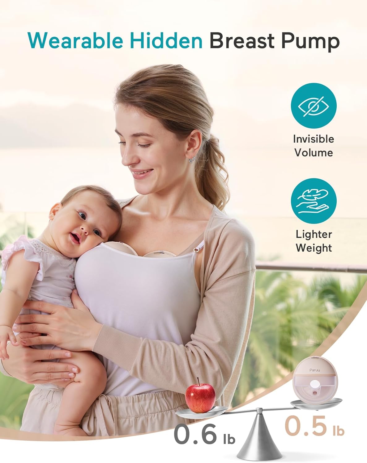 Paruu Hands Free Breast Pump P16, Wearable Breast Pump Electirc Portable with 4 Modes & 12 Levels, Max 309mmHg Strong Suction 19/21/24mm Flange Inserts Wearable Breastfeeding Pump, 2 Pack（Nude
