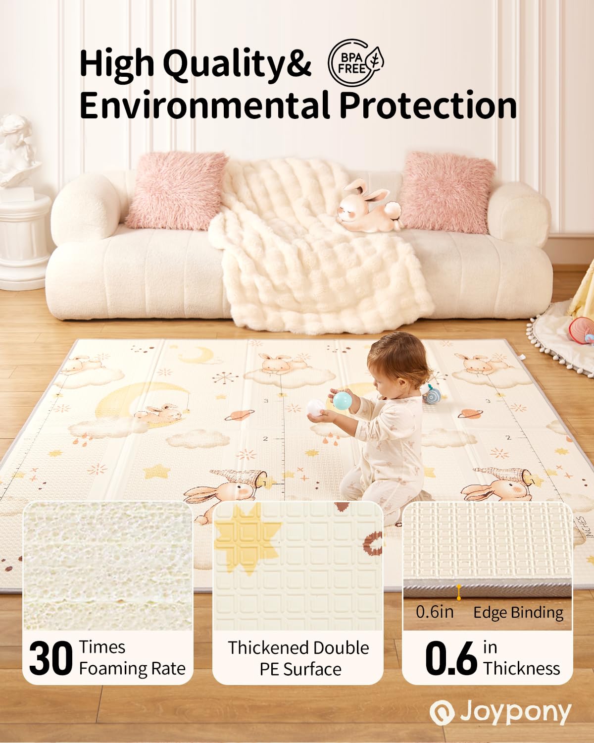 Baby Play Mat, 79" X 71" X 0.6" Extra Large & Thick Reversible Foldable Play Mats for Babies and Toddlers, Anti-Slip Portable Baby Floor Mat for Tummy Time, Baby Mat for Floor with Travel Bag