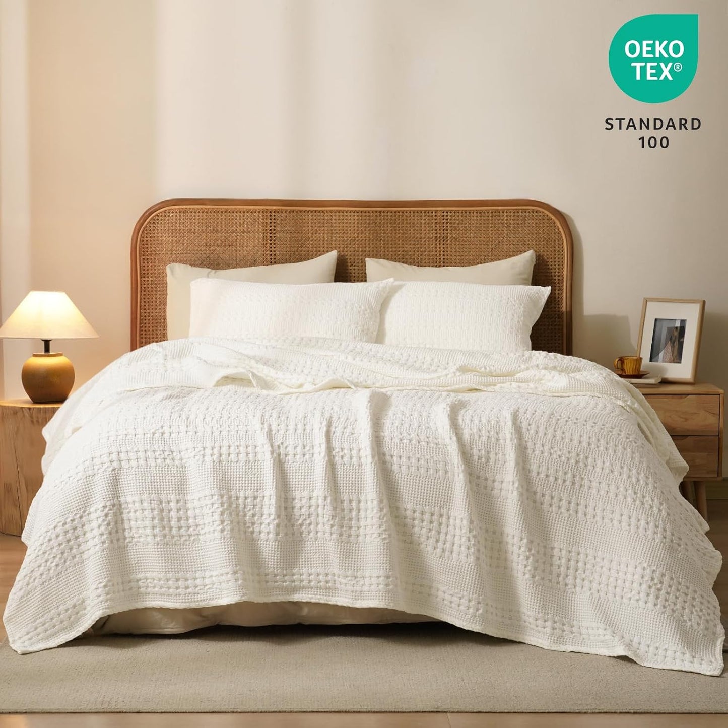 PHF 100% Cotton Waffle Weave Blanket King Size, Soft Lightweight Breathable Cozy Summer Blankets for Bed, Luxury Aesthetic Woven Bedding for Home Decor, 108"x90", Ivory