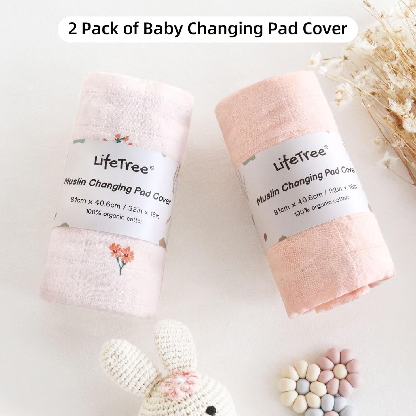LifeTree Changing Pad Cover Unisex - Soft Muslin Fitted Diaper Changing Table Sheets for Boys and Girls - 16"x32" Organic Cotton - Flower and Peach Pink, 2 Pack