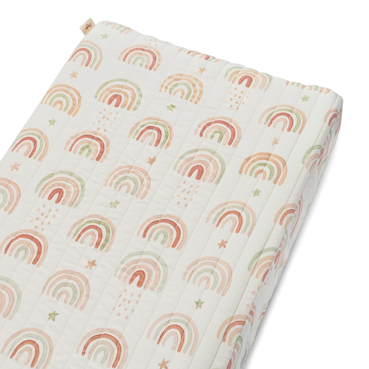 Crane Baby Quilted Changing Pad Cover, 100% Cotton Sateen, 16 X 32, Secure Elastic Fit, Machine Washable, Pink Rainbow Nursery Decor for Girls